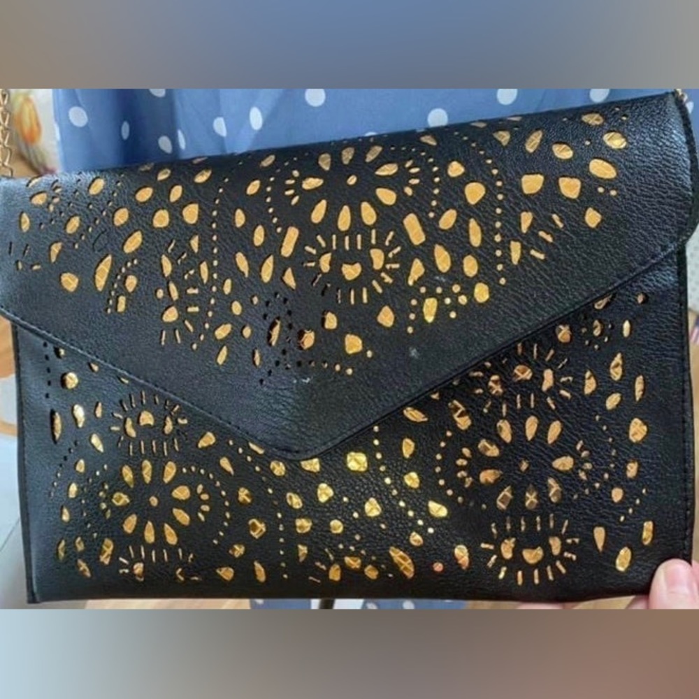 Rener Black Clutch Floral Geometric Gold Inlay-Chain for Crossbody 12x8”